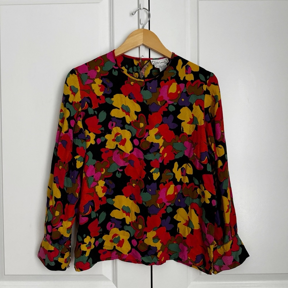 Floral Blouse 100% Silk Vintage Retro Silk Land Buttons